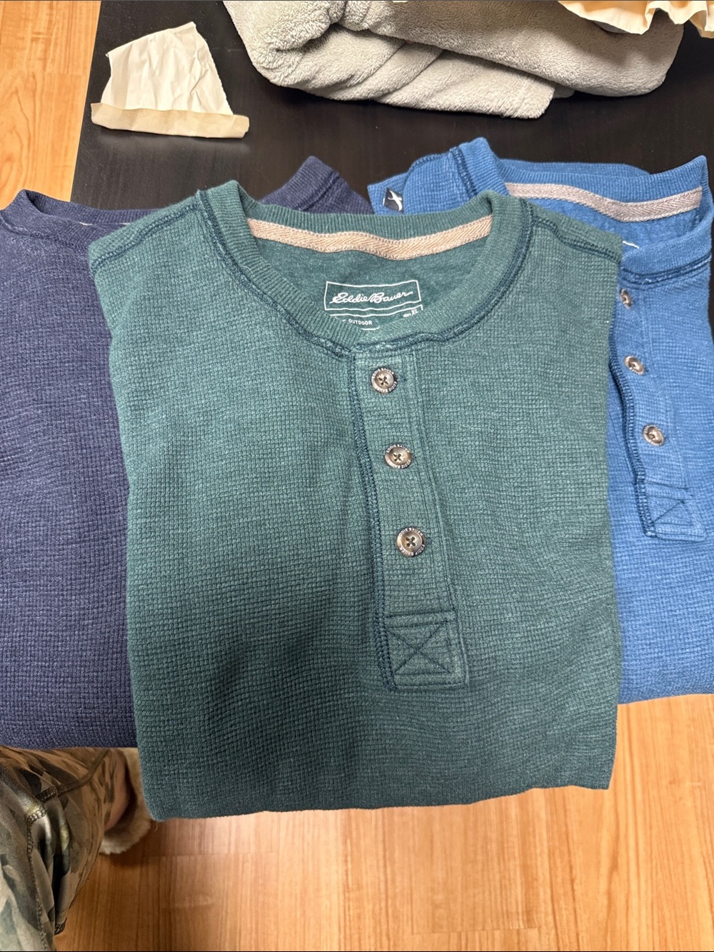 Eddie Bauer Men's Forest Green Waffle Henley Sweater